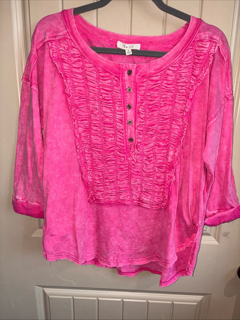 Oli & Hali Bright Pink Ruffle-Front Henley Long Sleeve Top